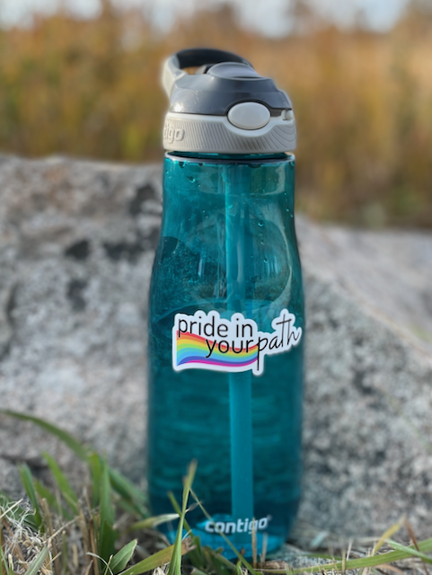 Pride in Your Path sticker on a water bottle